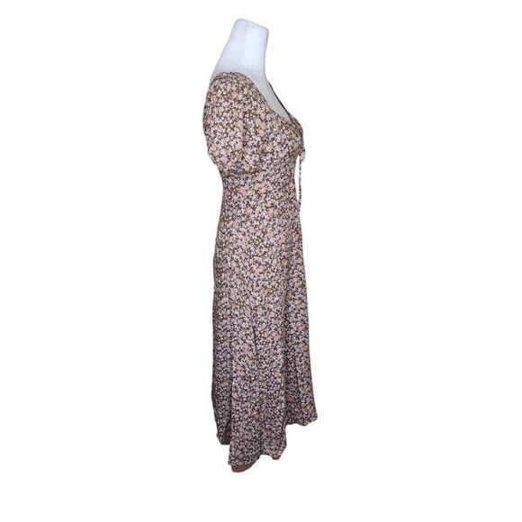 ASTR Milkmaid Puff Sleeve Grunge Midi Dress Women XS Brown Floral - Picture 2 of 8